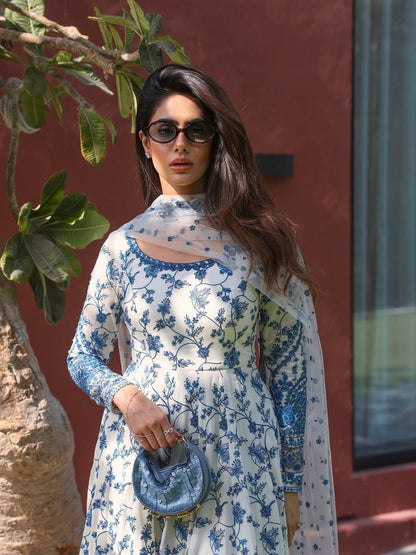 Hania Aamir Inspired Elegant White & Blue Floral Anarkali Gown with Dupatta