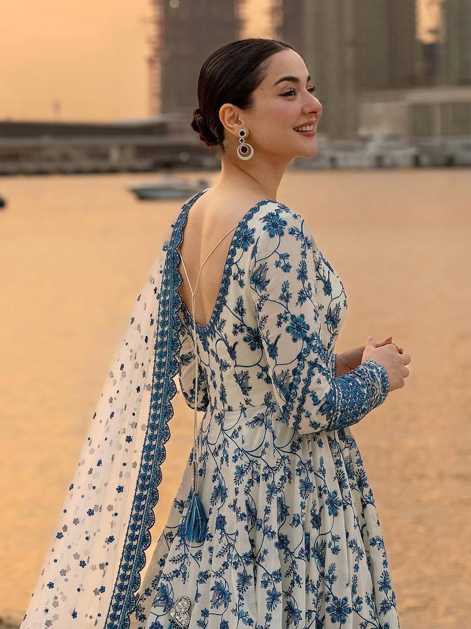 Hania Aamir Inspired Elegant White & Blue Floral Anarkali Gown with Dupatta