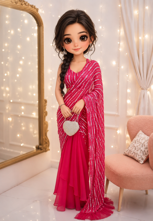 Hot Pink Fishtail Lehenga Saree with Sequence Work & Attached Dupatta
