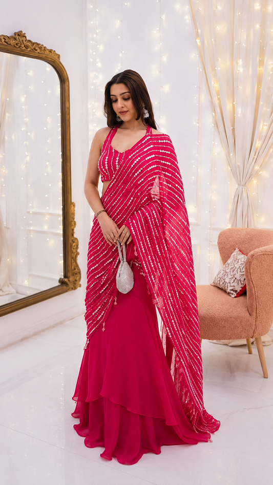 Hot Pink Fishtail Lehenga Saree with Sequence Work & Attached Dupatta