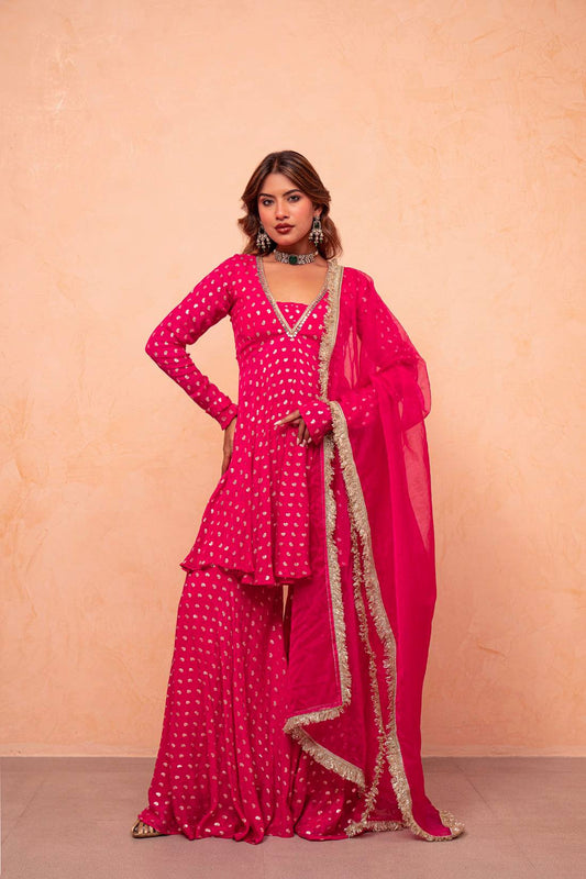 Hot Pink Jacquard Chanderi Sharara Plazzo Set with Net Dupatta