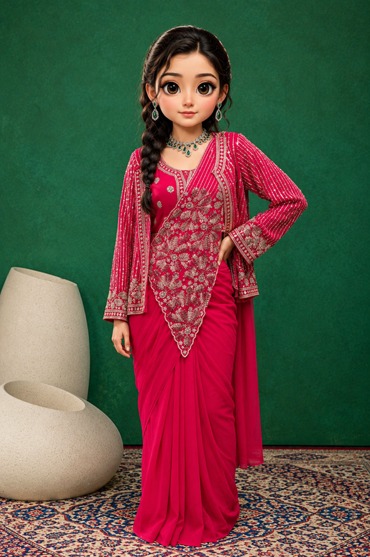 Hot Pink Pre-Draped Zari & Semi-Beads Work Saree with Embroidered Jacket