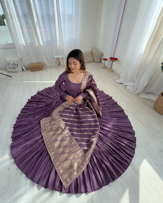 Lavender Anarkali dress with Banarasi dupatta