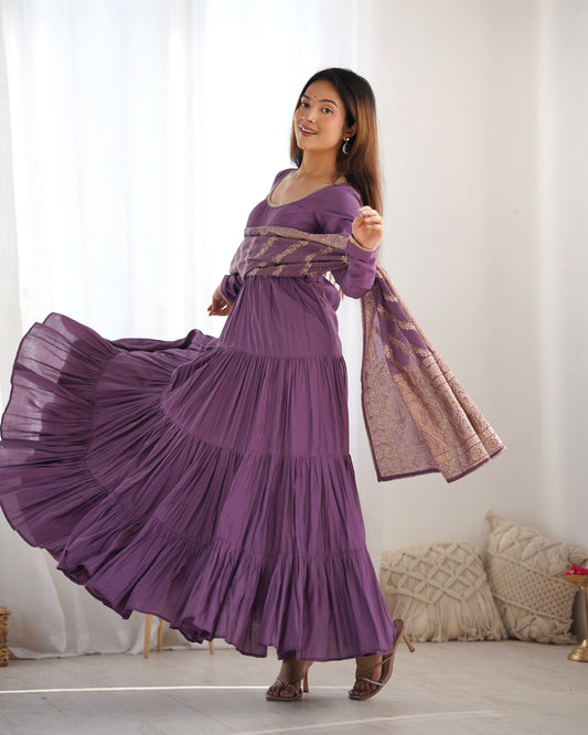 Lavender Anarkali dress with Banarasi dupatta