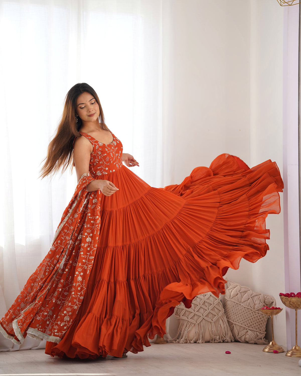 Rust orange Ruffled Anarkali Gown with Embroidery