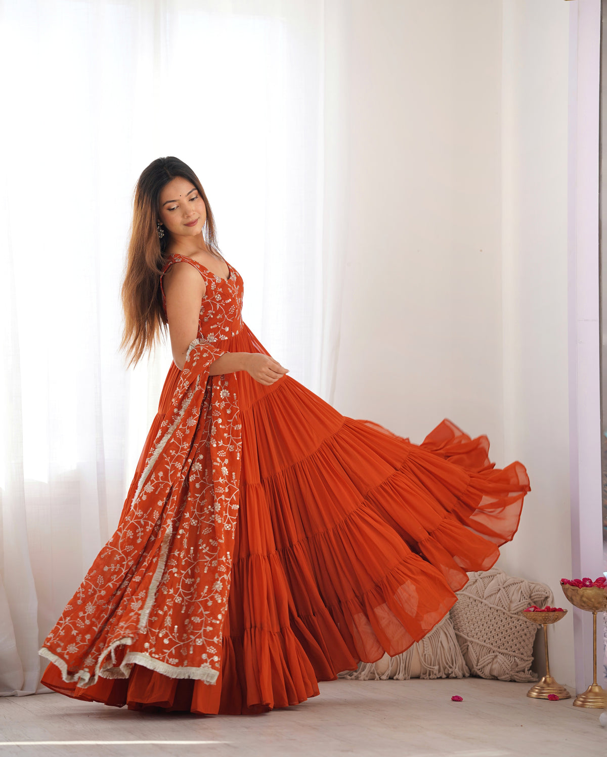 Rust orange Ruffled Anarkali Gown with Embroidery