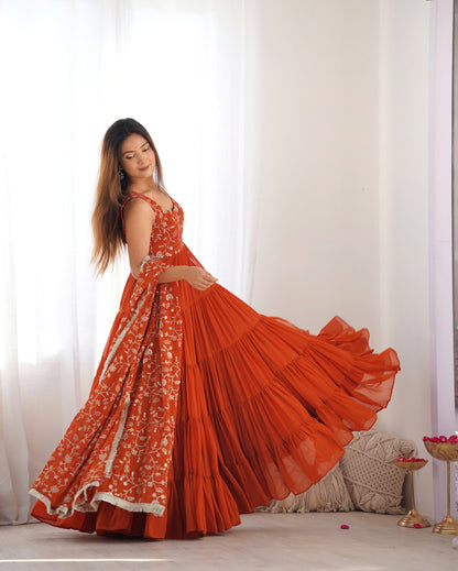 Rust orange Ruffled Anarkali Gown with Embroidery