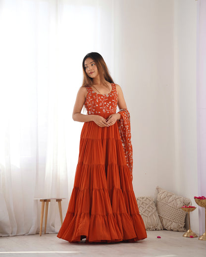 Rust orange Ruffled Anarkali Gown with Embroidery