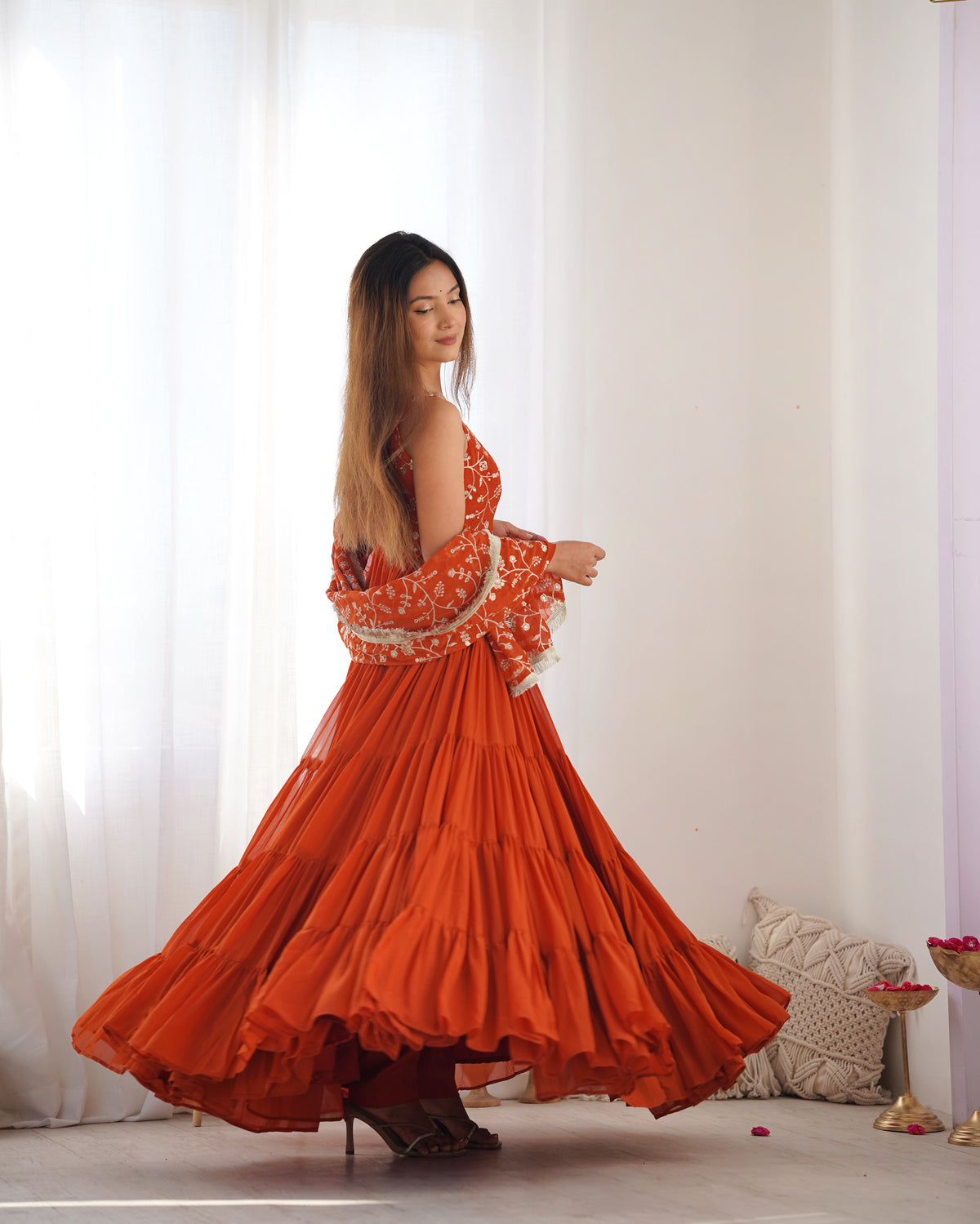 Rust orange Ruffled Anarkali Gown with Embroidery