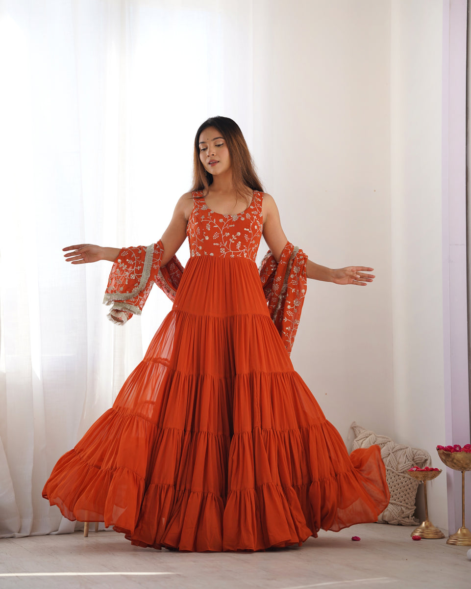 Rust orange Ruffled Anarkali Gown with Embroidery – Manvansh Trends