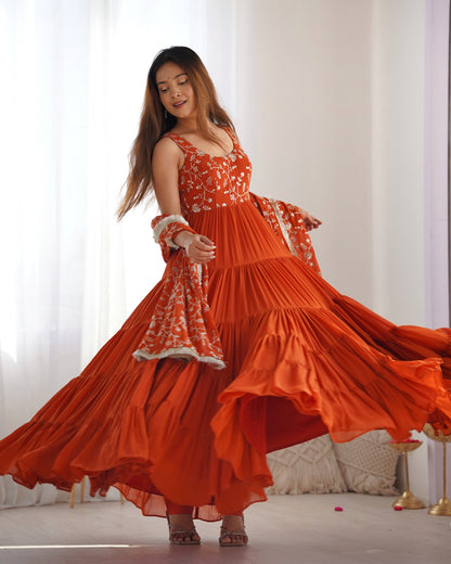 Rust orange Ruffled Anarkali Gown with Embroidery
