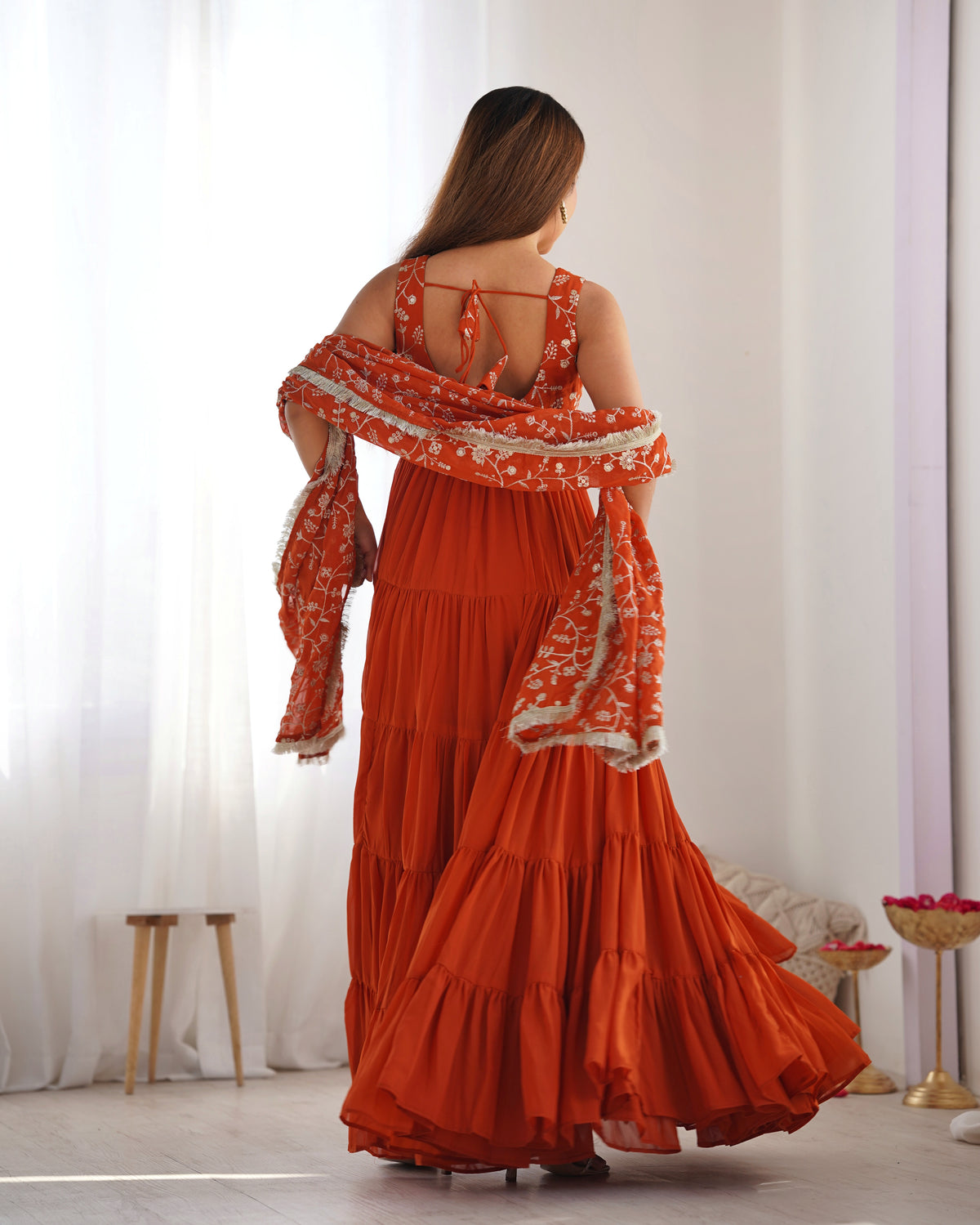 Rust orange Ruffled Anarkali Gown with Embroidery