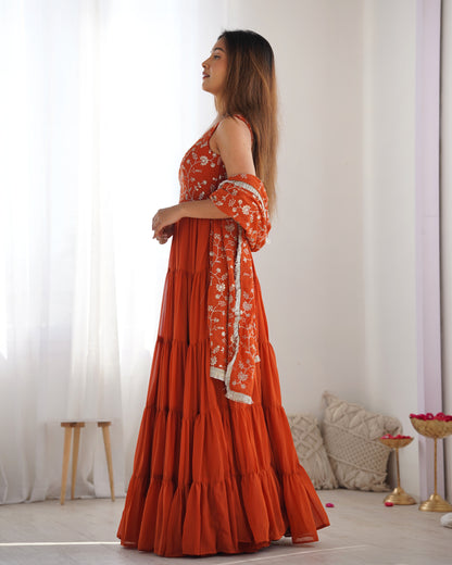 Rust orange Ruffled Anarkali Gown with Embroidery