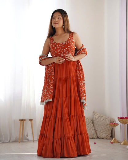 Rust orange Ruffled Anarkali Gown with Embroidery
