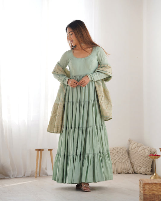 Pista green Anarkali dress with matching Banarasi dupatta