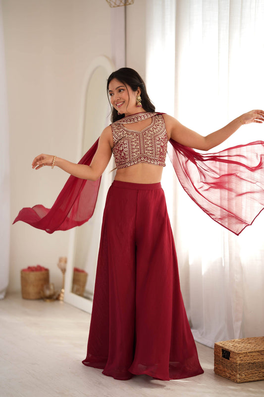 Maroon Crunchy Silk Crop Top Palazzo Set with Embroidery Thread & Sequence Work
