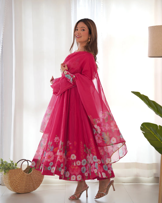 Pink floral printed Anarkali suit with dupatta