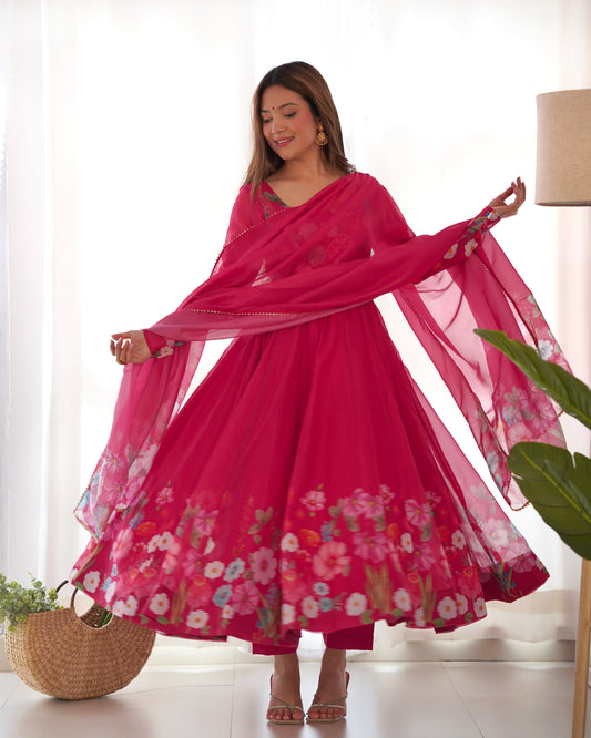 Pink floral printed Anarkali suit with dupatta