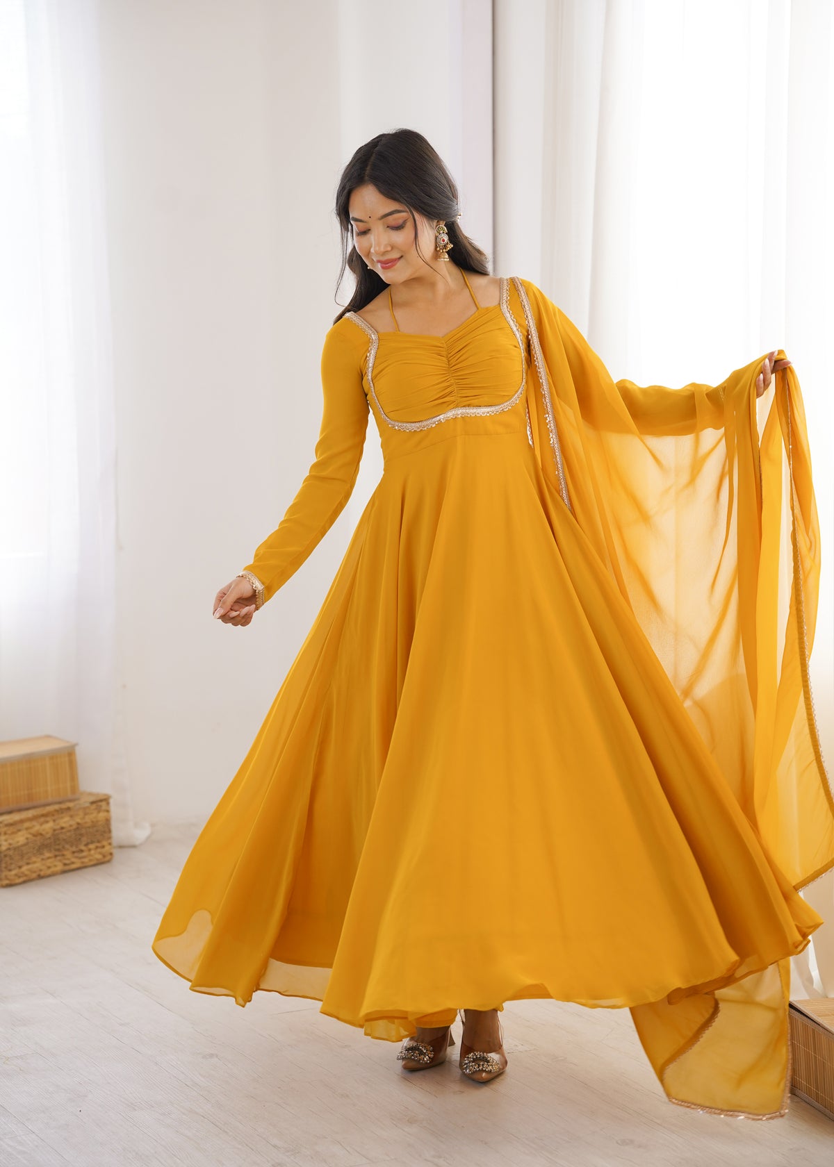 Elegant Mauve Georgette Anarkali Gown with Designer Yoke and Dupatta