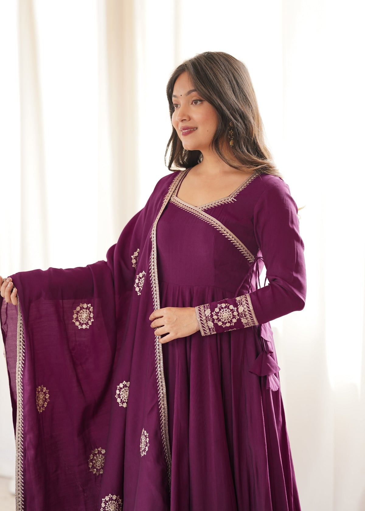 Plum Purple Silk Anarkali with Golden Embroidery & Matching Dupatta
