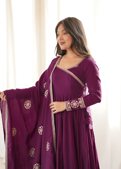 Plum Purple Silk Anarkali with Golden Embroidery & Matching Dupatta