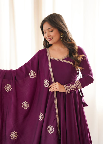 Plum Purple Silk Anarkali with Golden Embroidery & Matching Dupatta