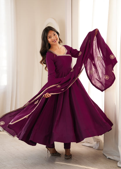 Plum Purple Silk Anarkali with Golden Embroidery & Matching Dupatta