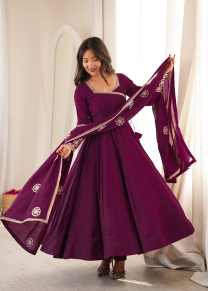 Plum Purple Silk Anarkali with Golden Embroidery & Matching Dupatta