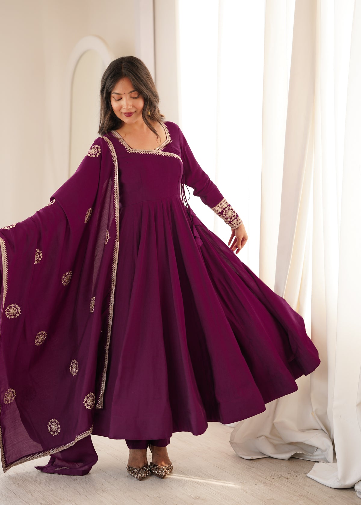 Plum Purple Silk Anarkali with Golden Embroidery & Matching Dupatta