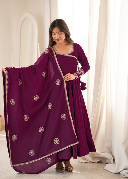 Plum Purple Silk Anarkali with Golden Embroidery & Matching Dupatta