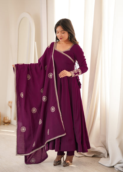 Plum Purple Silk Anarkali with Golden Embroidery & Matching Dupatta
