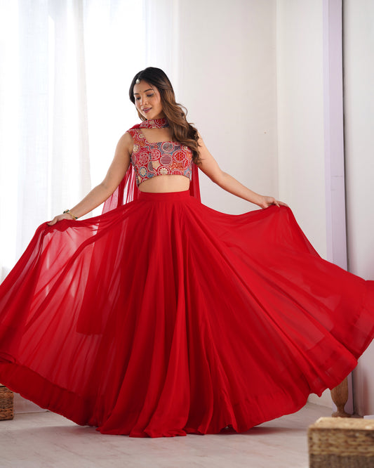 Red flowy lehenga with multicolor choli and matching dupatta