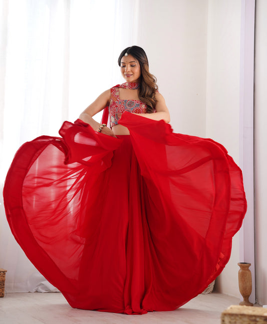 Red flowy lehenga with multicolor choli and matching dupatta
