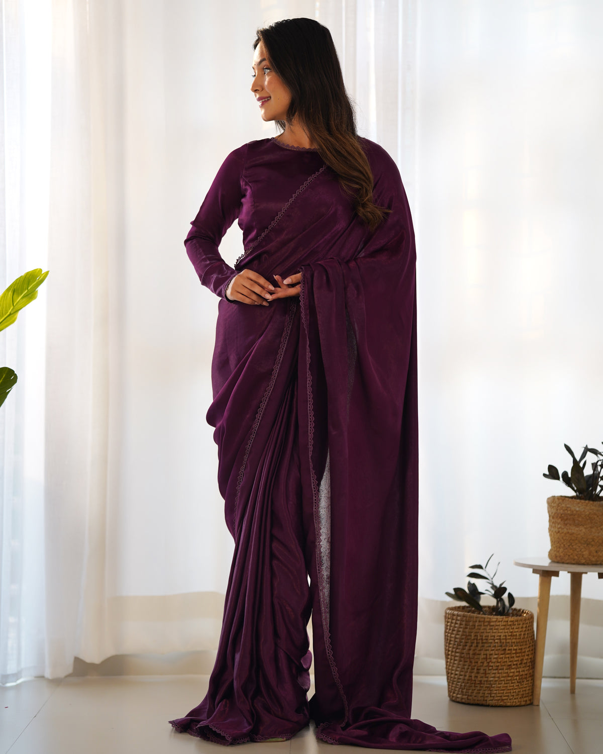 Wine marble velvet Pre draped Saree