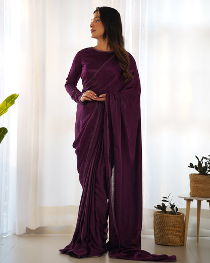 Wine marble velvet Pre draped Saree
