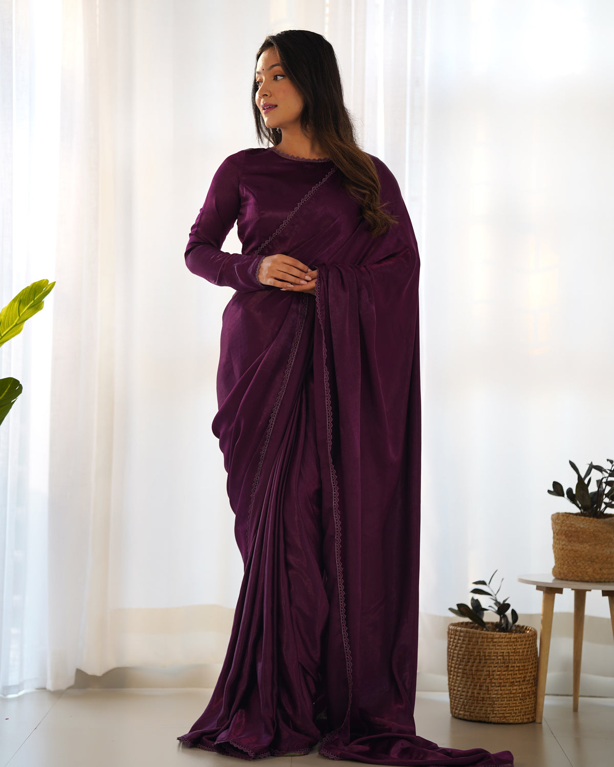 Wine marble velvet Pre draped Saree