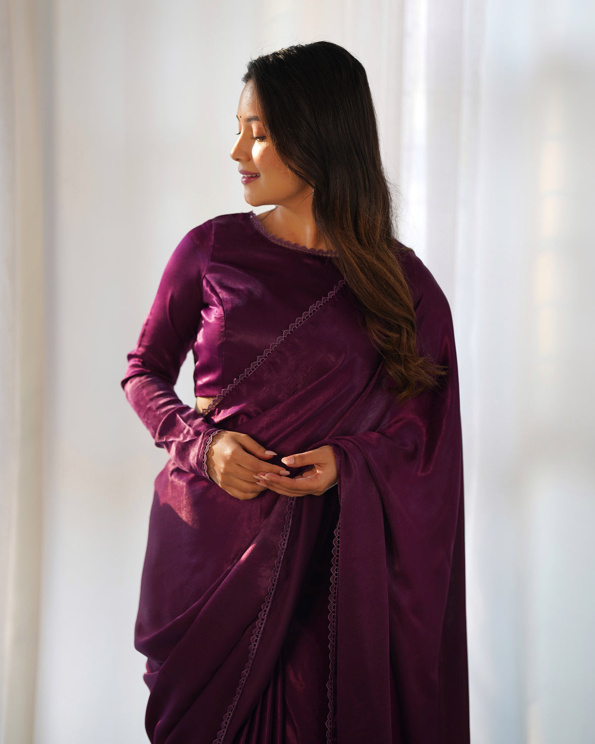 Wine marble velvet Pre draped Saree