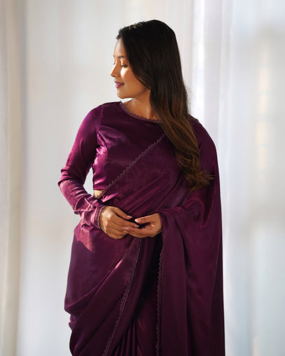 Wine marble velvet Pre draped Saree