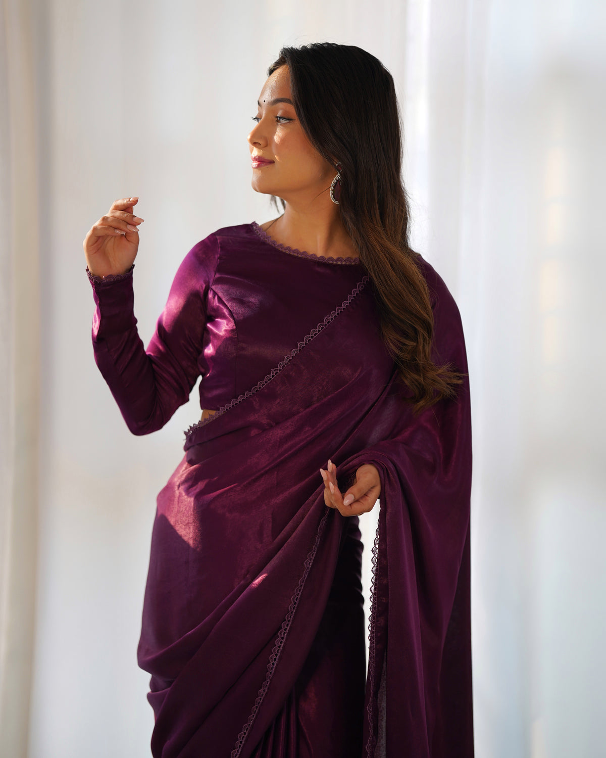 Wine marble velvet Pre draped Saree