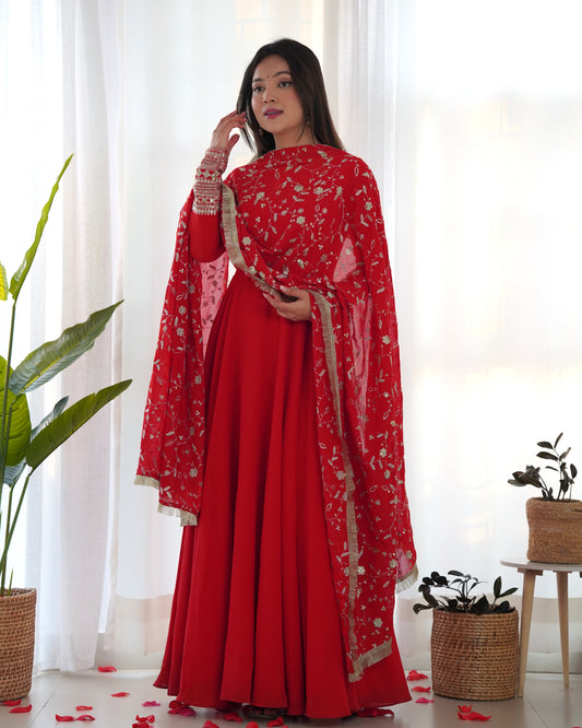 Red Chili Floor Length Anarkali Dress with Golden Embroidered Dupatta