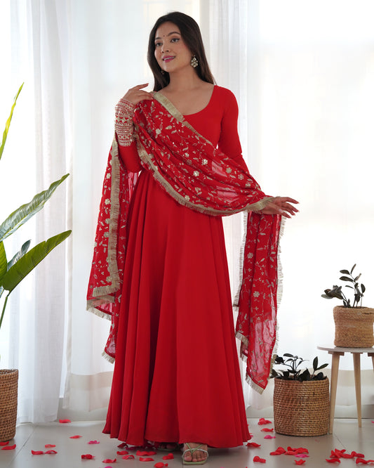 Red Chili Floor Length Anarkali Dress with Golden Embroidered Dupatta