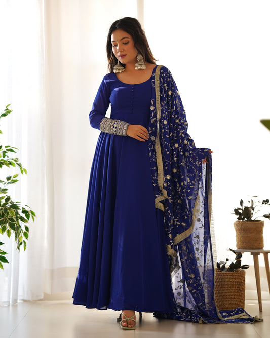 Royal Blue Floor Length Anarkali Dress with Golden Embroidered Dupatta