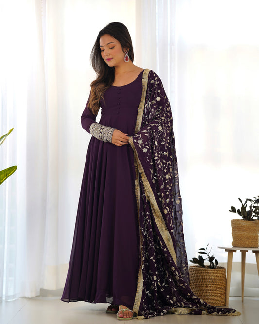 Wine Floor Length Anarkali Dress with Golden Embroidered Dupatta