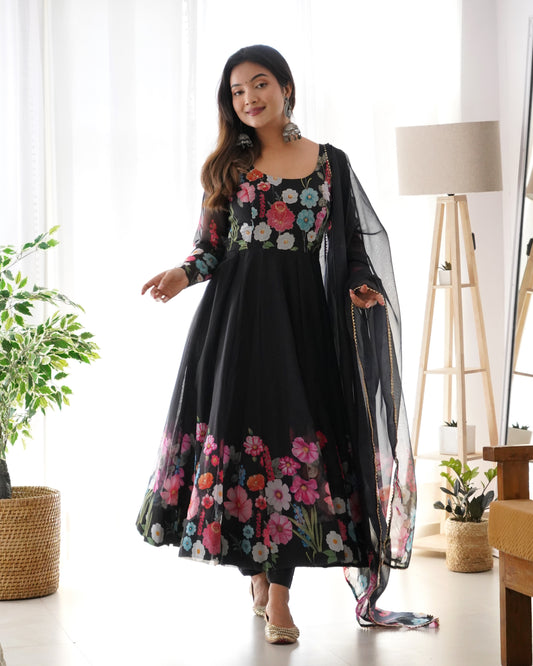 Black floral printed Anarkali suit with dupatta