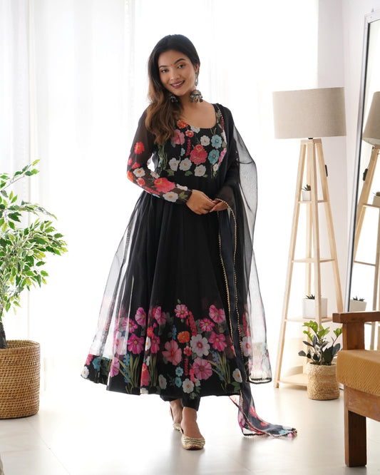 Black floral printed Anarkali suit with dupatta