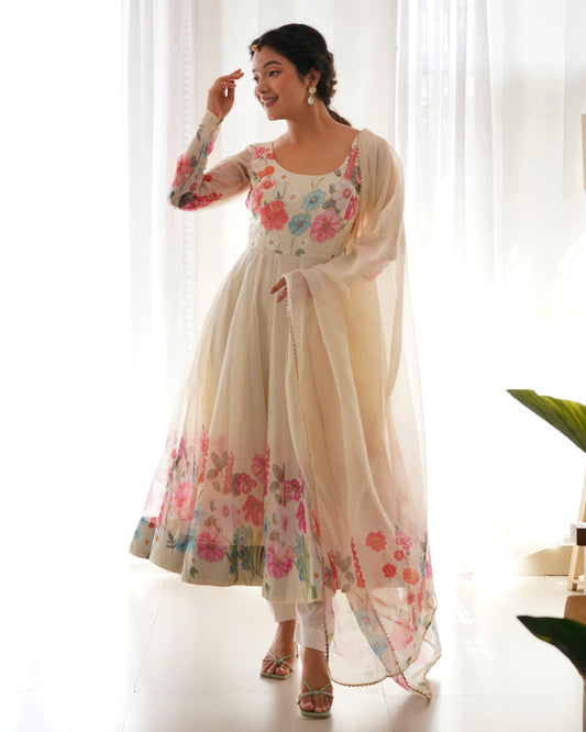 Cream floral printed Anarkali suit with dupatta