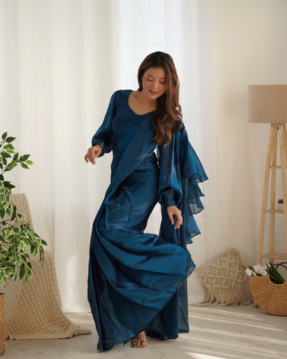 Teal Blue Color Jimmy Choo organza Pre Drapped Saree