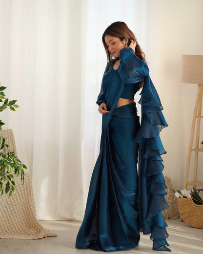 Teal Blue Color Jimmy Choo organza Pre Drapped Saree