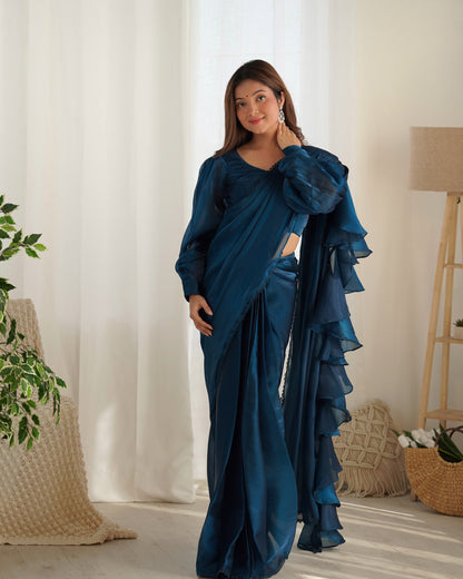 Teal Blue Color Jimmy Choo organza Pre Drapped Saree