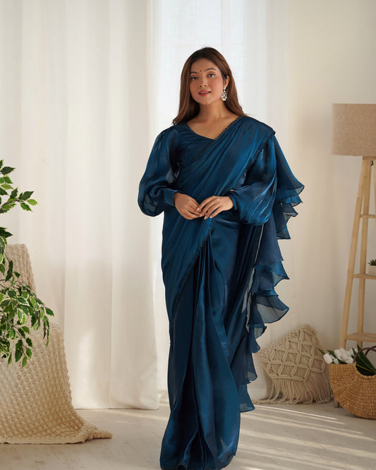 Teal Blue Color Jimmy Choo organza Pre Drapped Saree